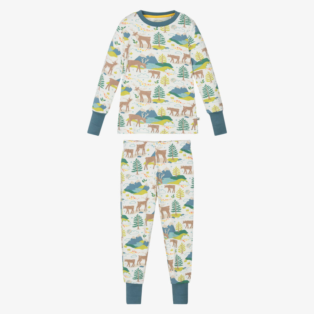 Frugi-Blue & Green Organic Cotton Pyjamas with Reindeer Print | Childrensalon