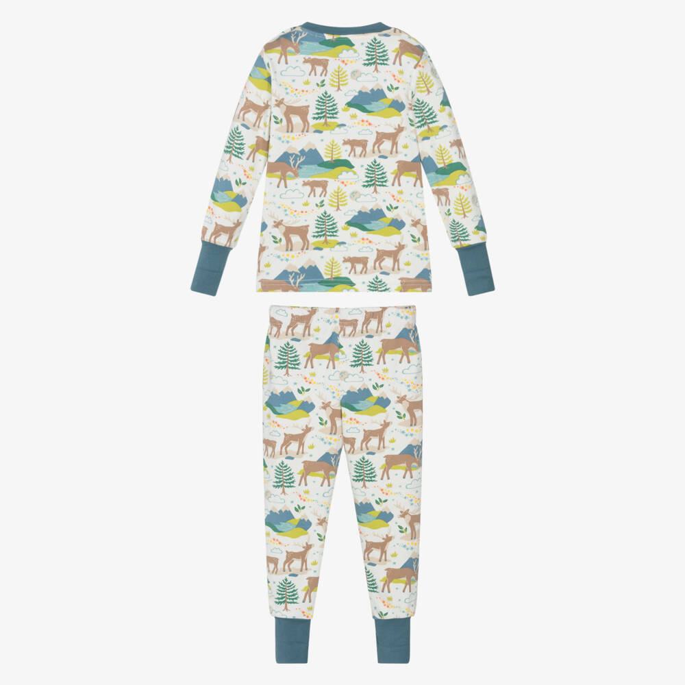 Frugi-Blue & Green Organic Cotton Pyjamas with Reindeer Print | Childrensalon