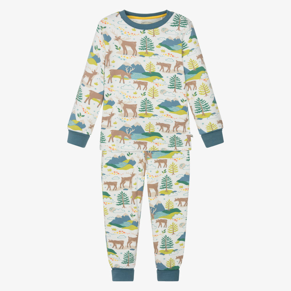 Frugi-Blue & Green Organic Cotton Pyjamas with Reindeer Print | Childrensalon