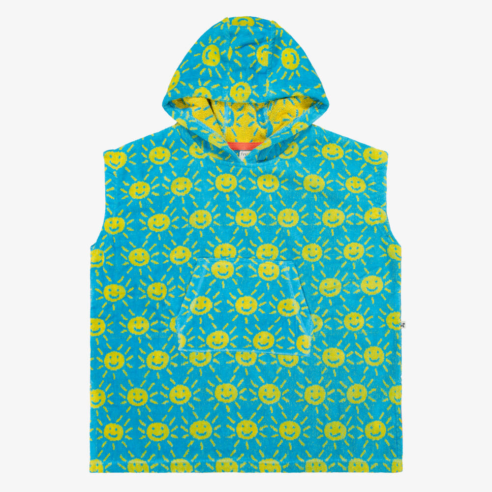 Frugi-Blue & Yellow Sun Print Cotton Poncho Towel | Childrensalon