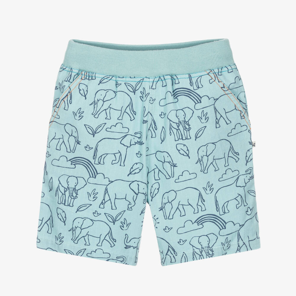 Frugi-Boys Aqua Blue Organic Cotton Shorts with Elephant Print | Childrensalon