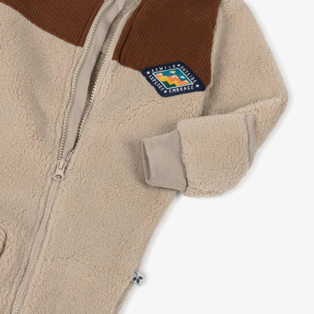 Frugi-Boys Beige Teddy Fleece Hooded Pramsuit | Childrensalon