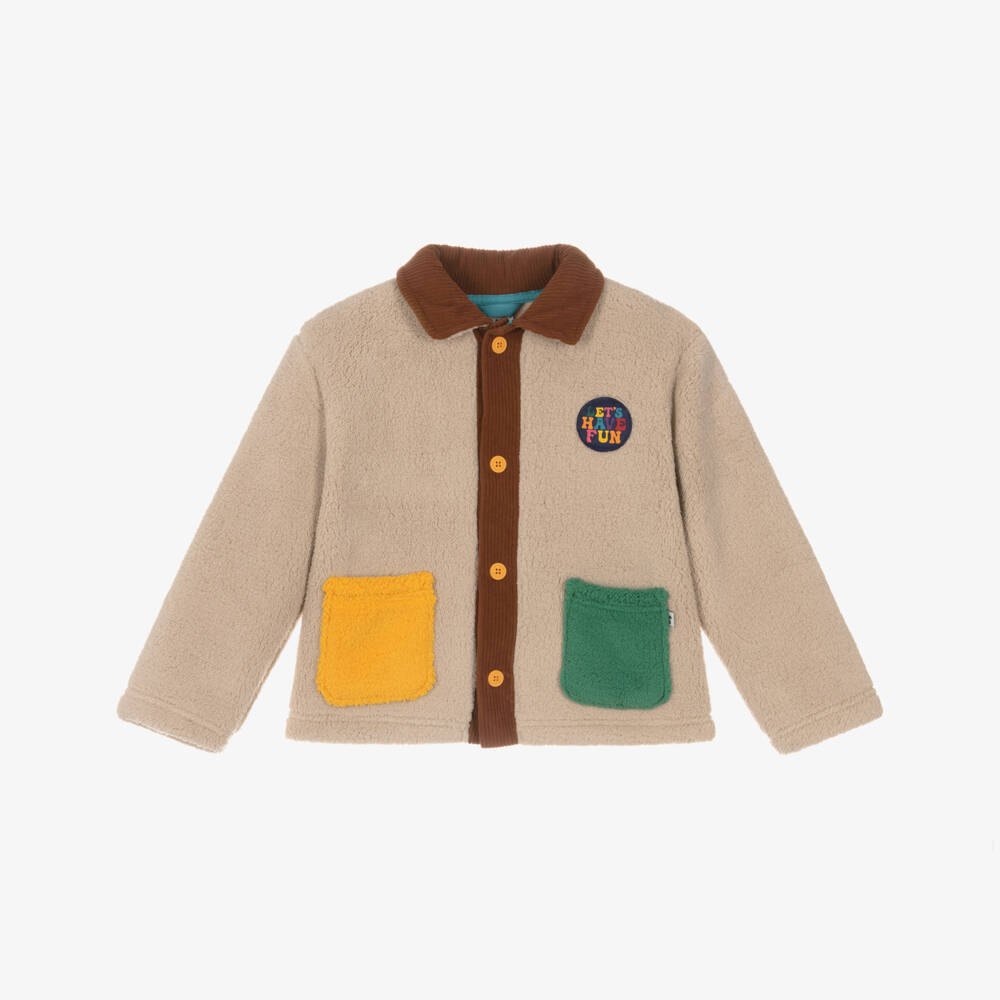 Frugi-Boys Beige Teddy Fleece Jacket with Colourful Pockets | Childrensalon