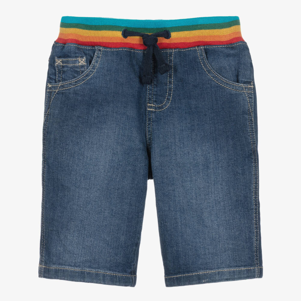 Frugi-Boys Blue Denim Shorts with Drawstring Rainbow Waistband | Childrensalon