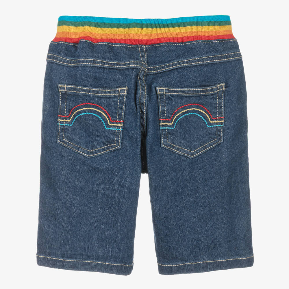 Frugi-Boys Blue Denim Shorts with Drawstring Rainbow Waistband | Childrensalon