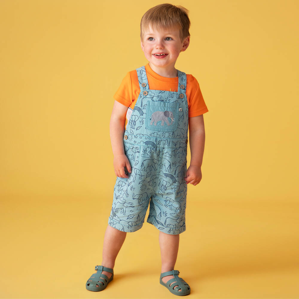 Frugi-Boys Blue Elephant Dungaree Shorts | Childrensalon