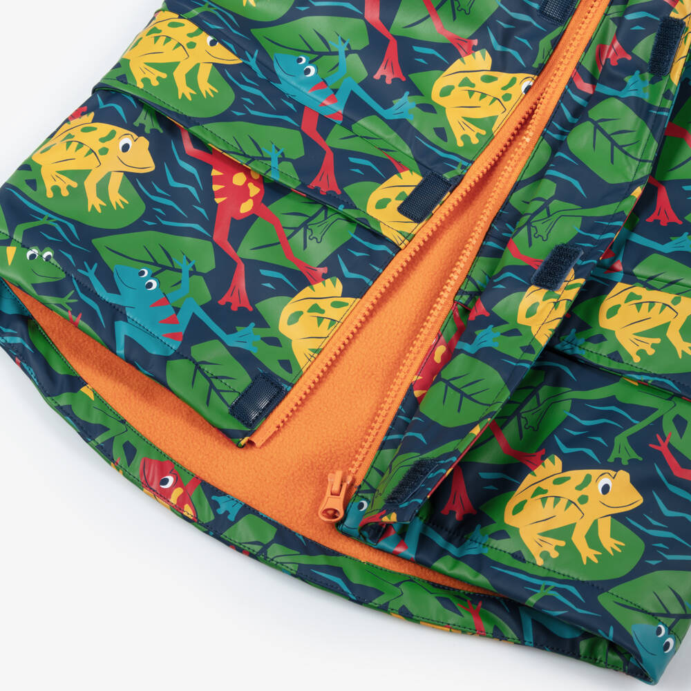 Frugi-Boys Blue & Green Frog Print Raincoat | Childrensalon