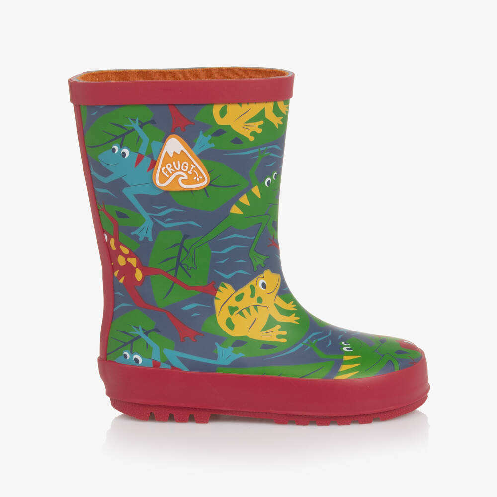 Frugi-Boys Blue & Green Frog Rubber Rain Boots | Childrensalon