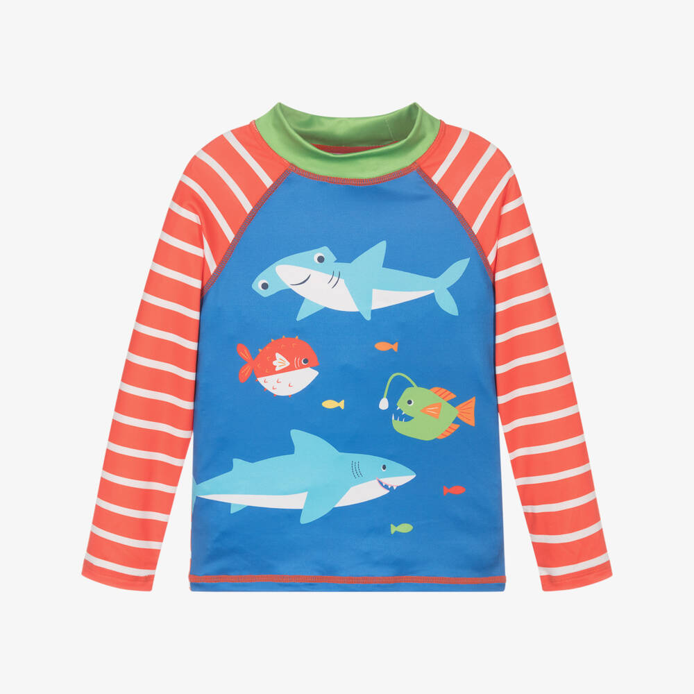 Frugi-Boys Blue & Red Shark Swim Top (UPF50+) | Childrensalon