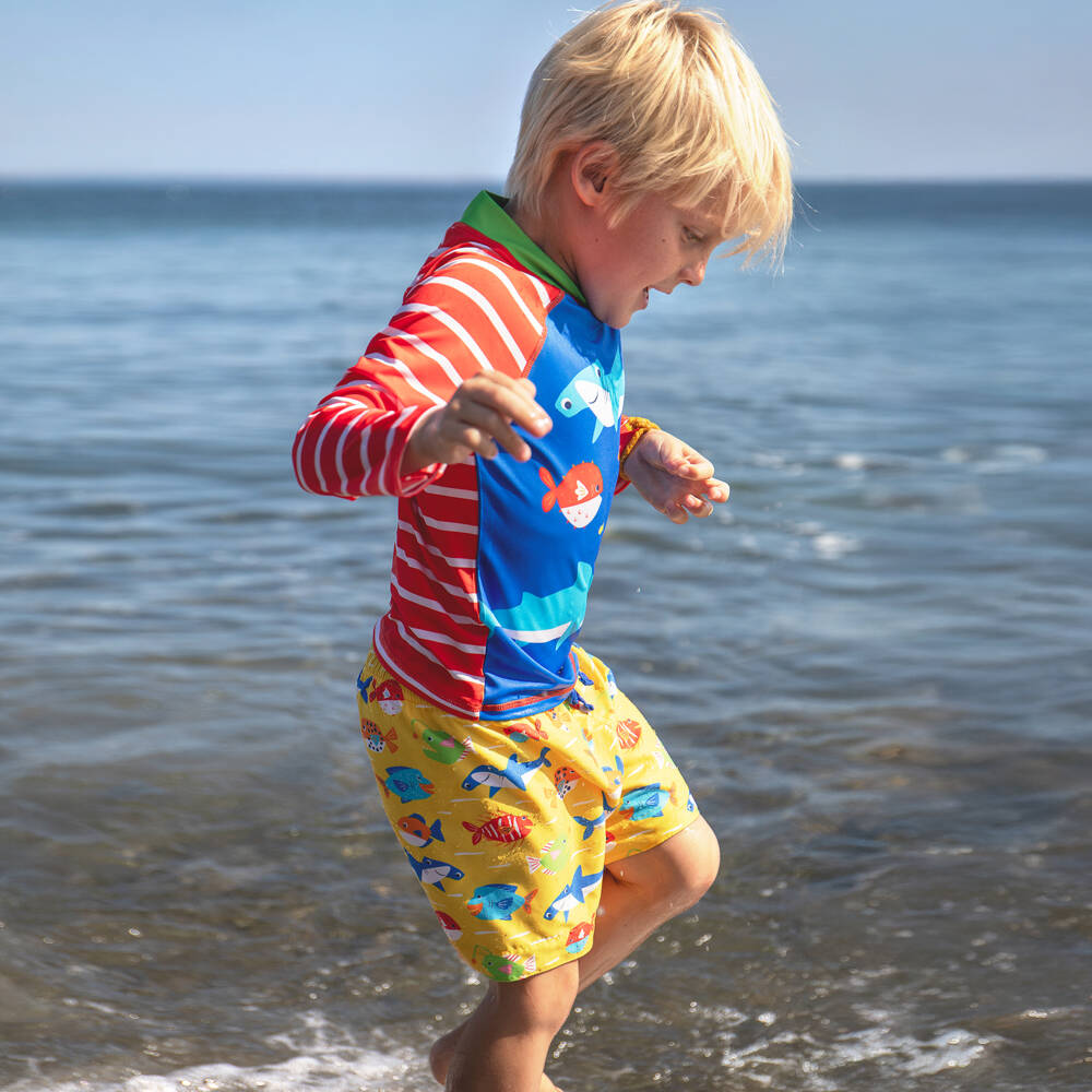 Frugi-Boys Blue & Red Shark Swim Top (UPF50+) | Childrensalon