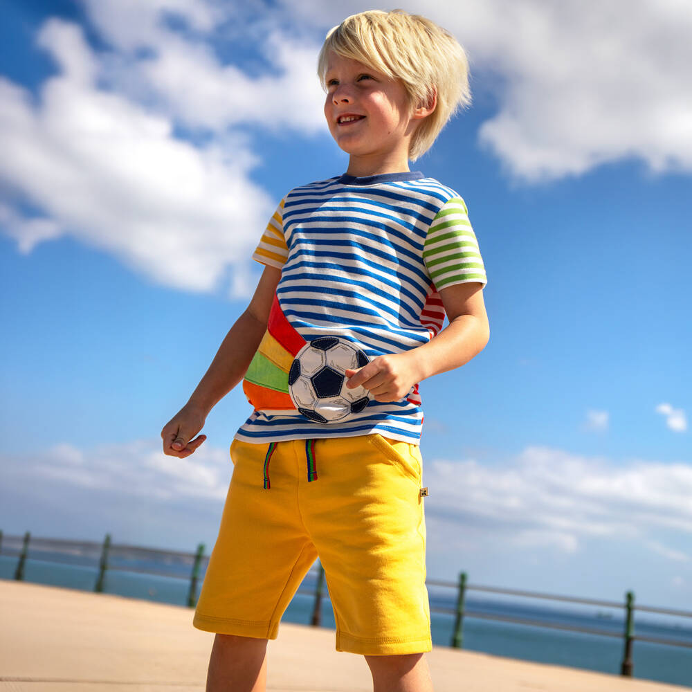 Frugi-Boys Blue Striped Cotton Football T-Shirt | Childrensalon