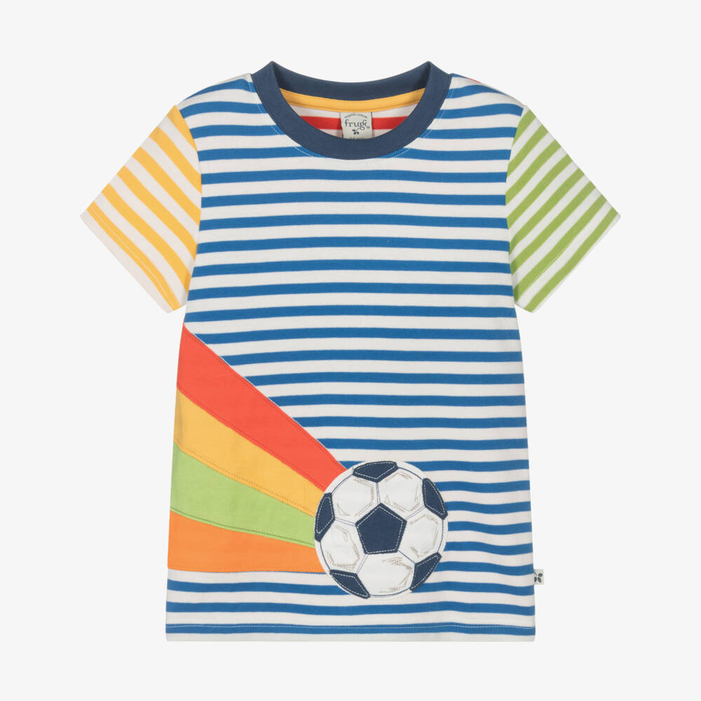 Frugi-Boys Blue Striped Cotton Football T-Shirt | Childrensalon