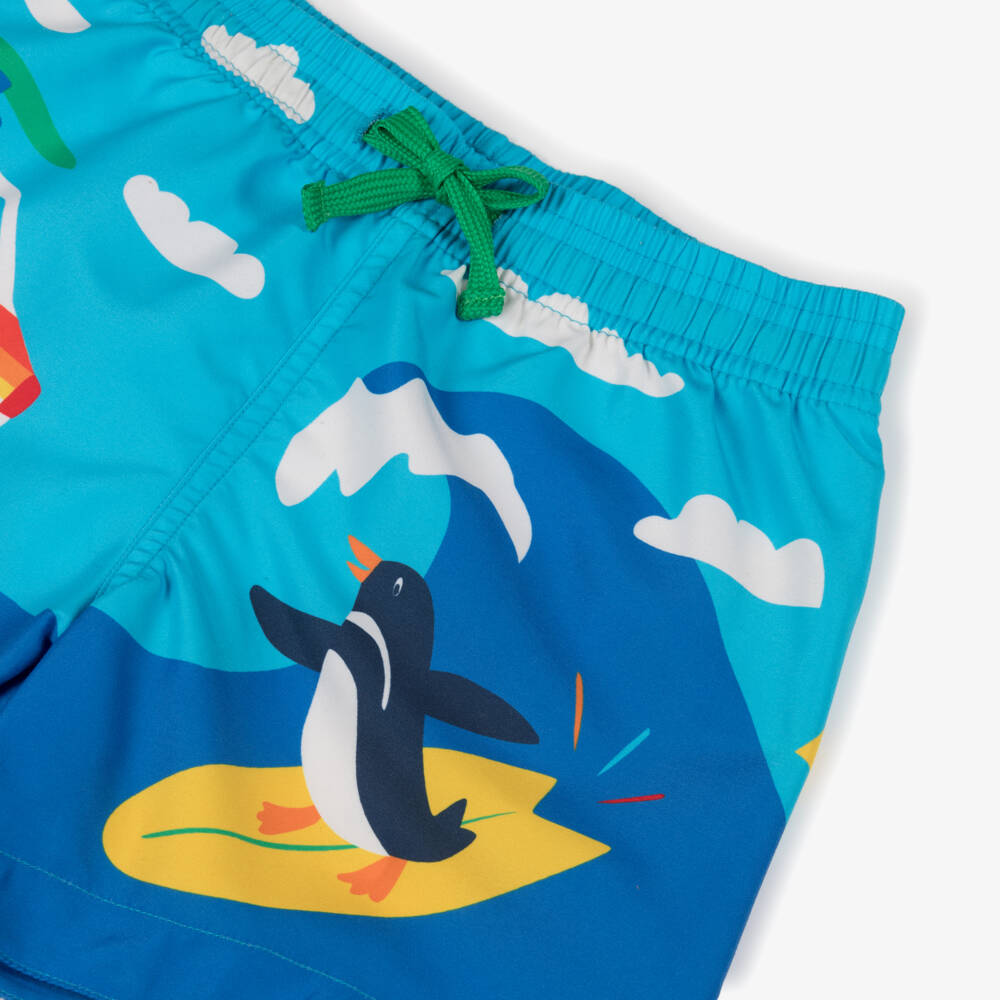 Frugi-Boys Blue Surfing Penguin Swim Shorts | Childrensalon