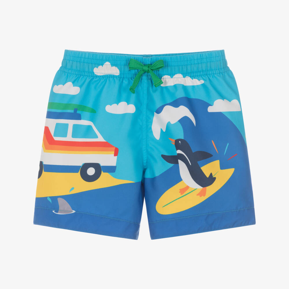 Frugi-Boys Blue Surfing Penguin Swim Shorts | Childrensalon