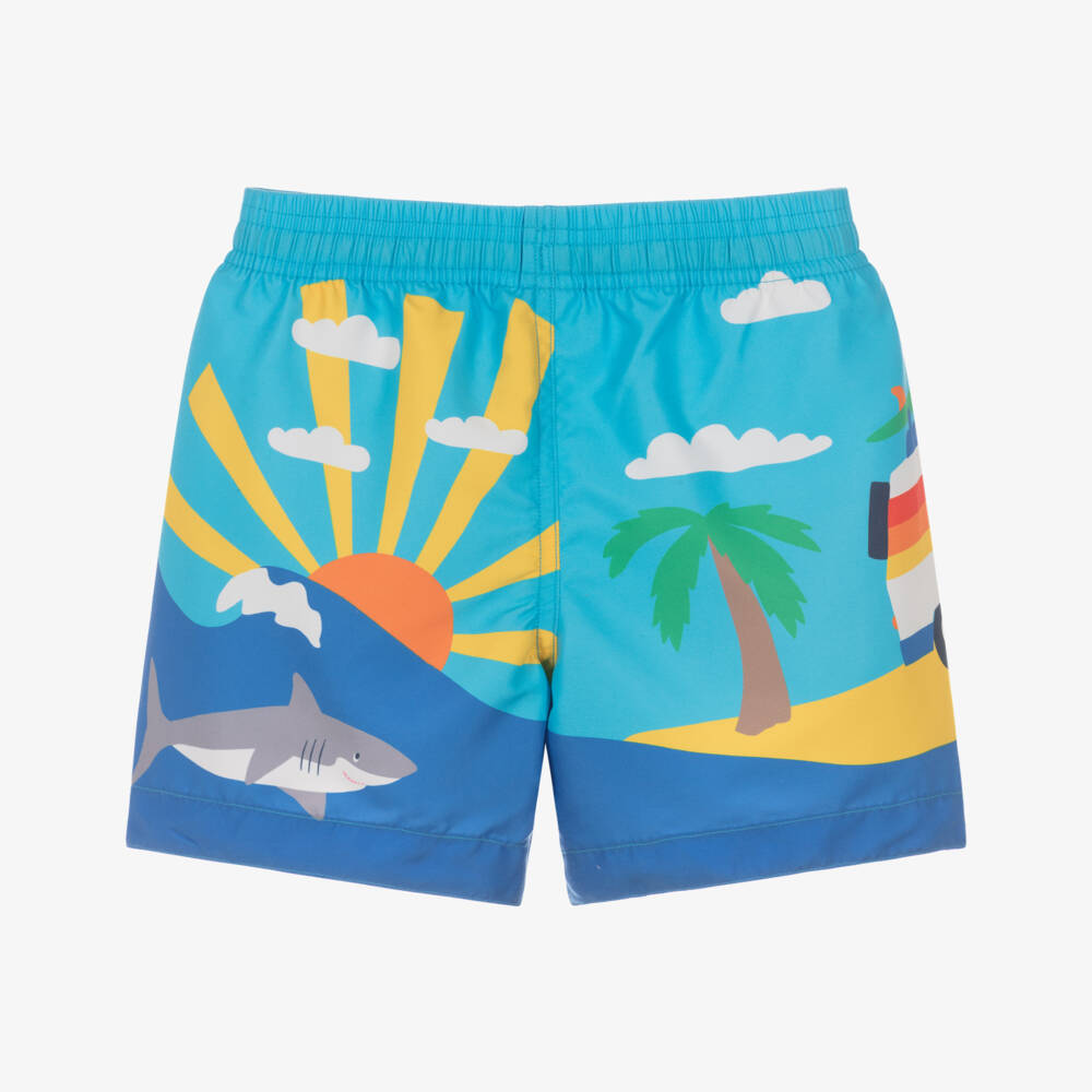 Frugi-Boys Blue Surfing Penguin Swim Shorts | Childrensalon
