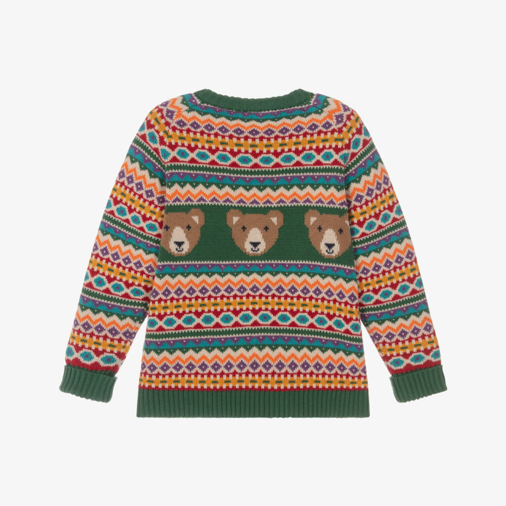 Frugi-Boys Green Knitted Organic Cotton Bear Fair Isle Sweater | Childrensalon