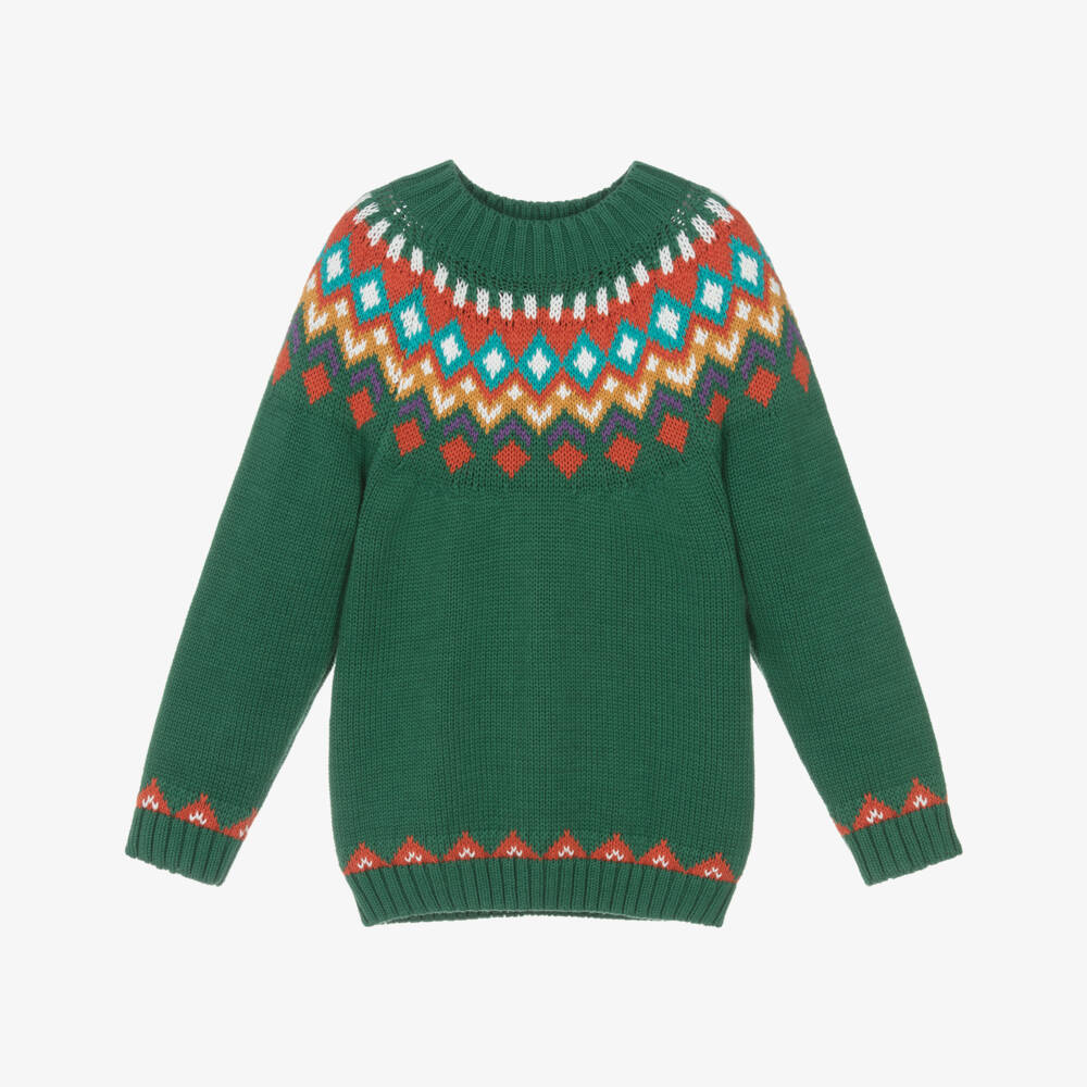 Frugi-Boys Green Organic Cotton Knit Fair Isle Sweater | Childrensalon