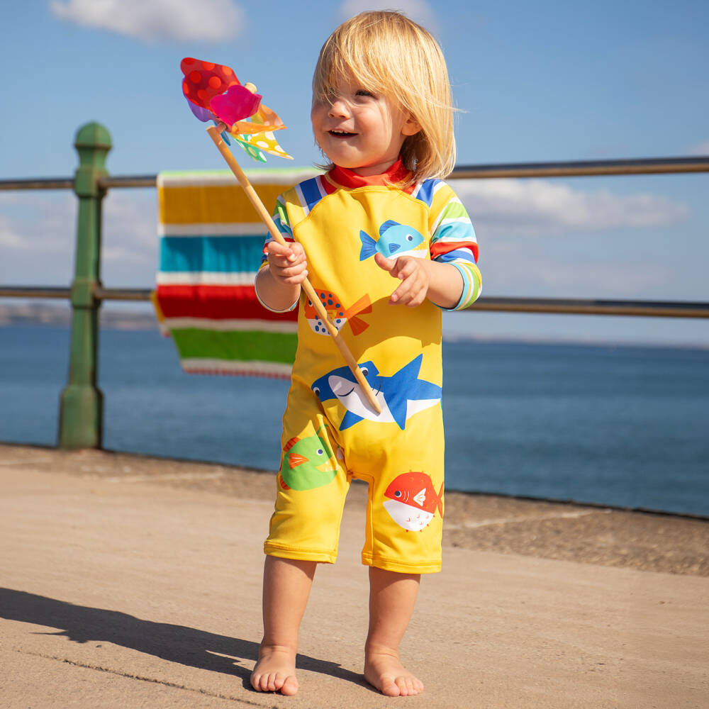 Frugi-Boys Yellow Shark & Fish Sun Suit (UPF50+) | Childrensalon
