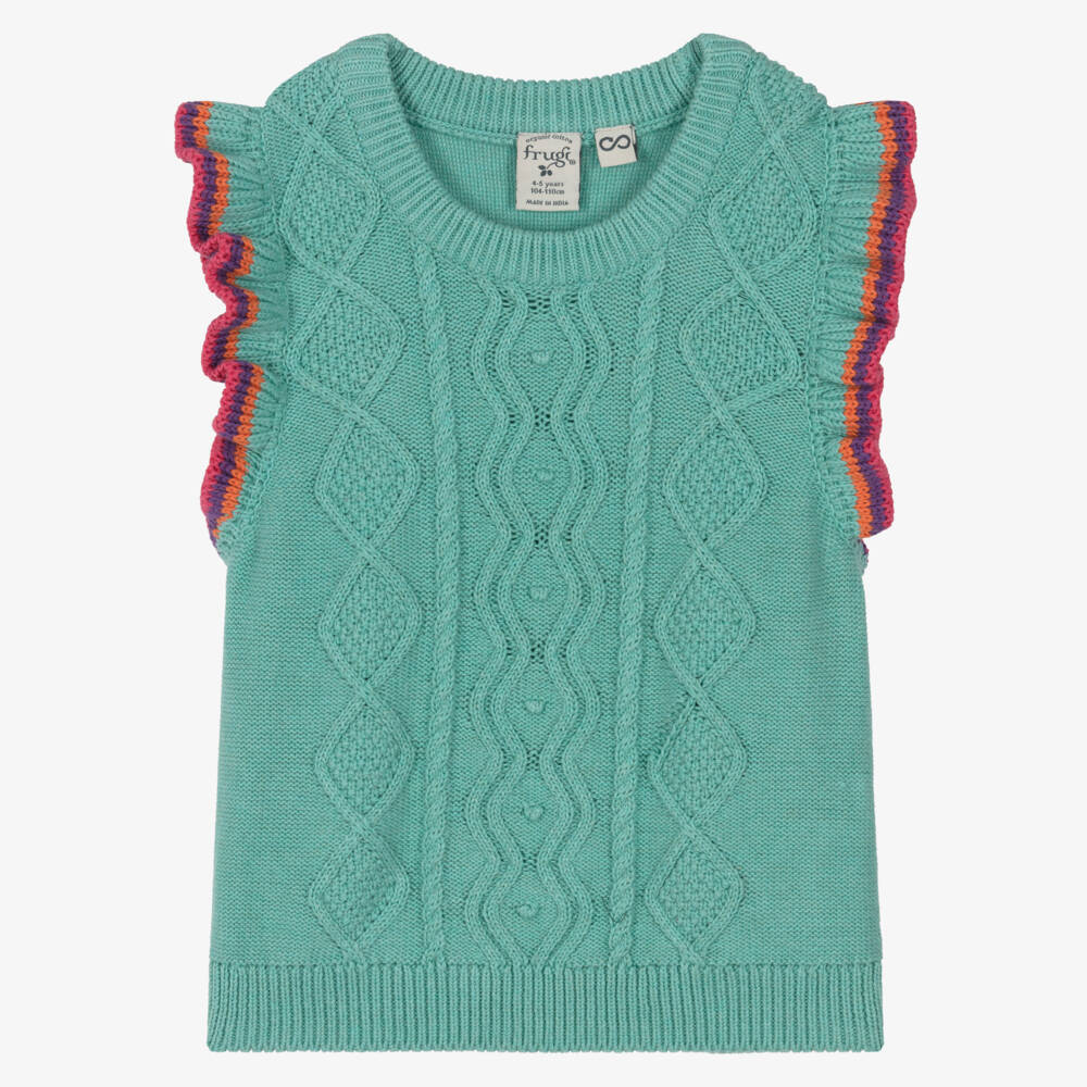 Frugi-Girls Aqua Blue Knitted Organic Cotton Slip Over Vest | Childrensalon