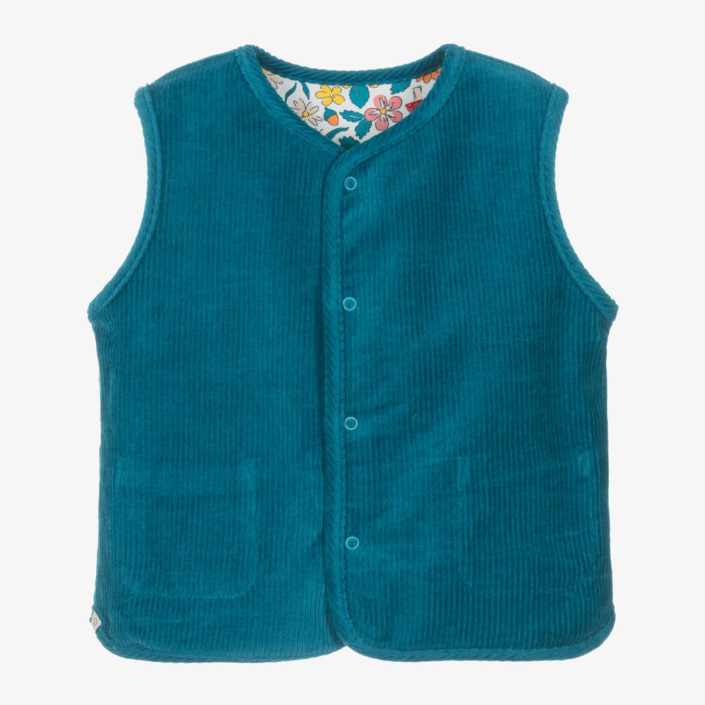 Frugi-Girls Blue Corduroy & Floral Patterned Reversible Waistcoat | Childrensalon
