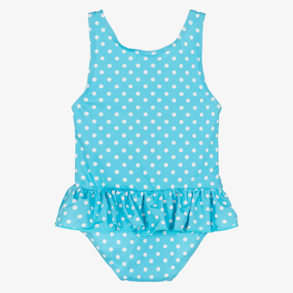 Frugi-Girls Blue Dotted Swimsuit with Sunflower Motif | Childrensalon