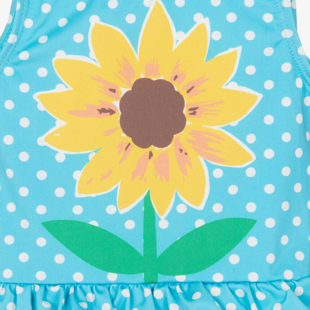 Frugi-Girls Blue Dotted Swimsuit with Sunflower Motif | Childrensalon