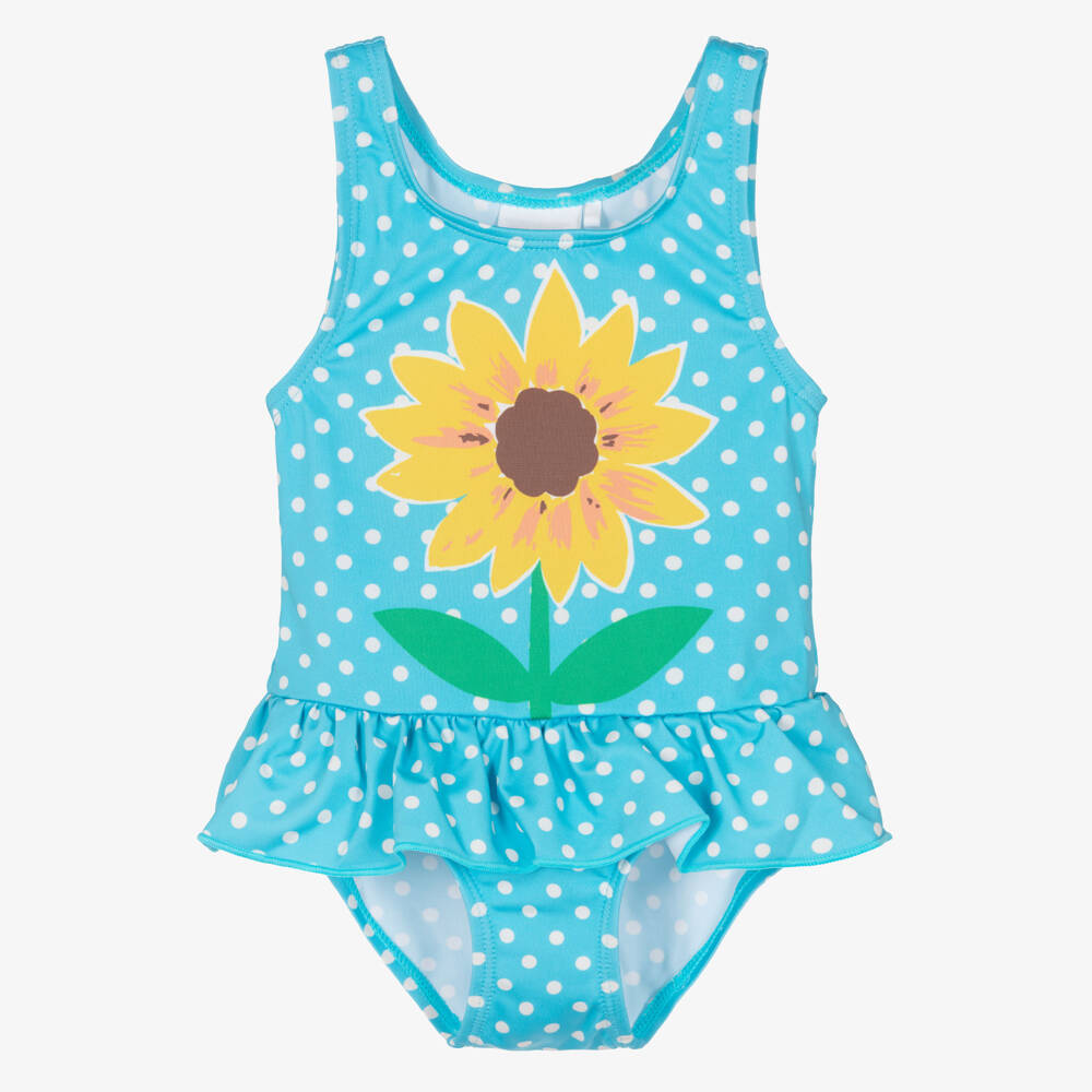Frugi-Girls Blue Dotted Swimsuit with Sunflower Motif | Childrensalon