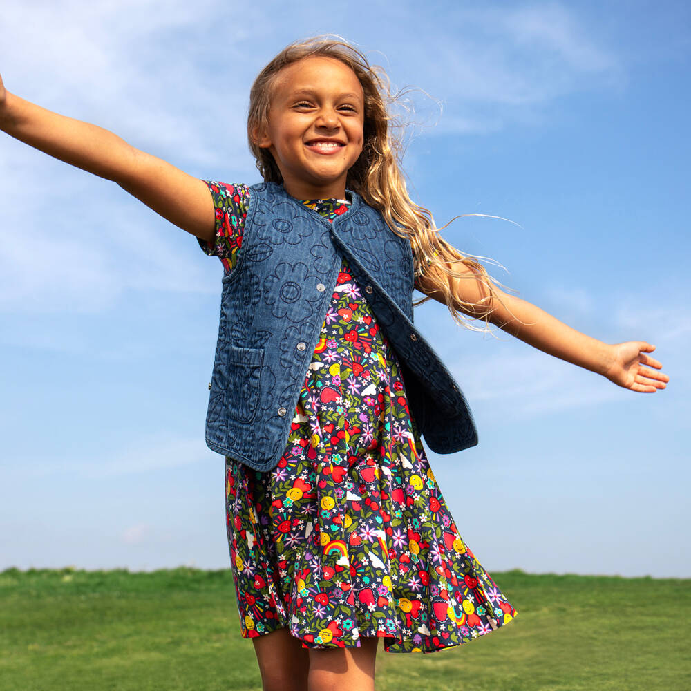 Frugi-Girls Blue Embroidered Floral Denim Waistcoat | Childrensalon