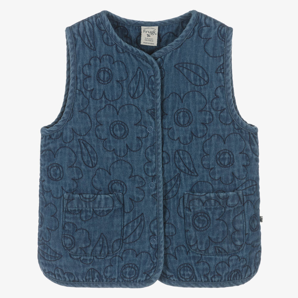 Frugi-Girls Blue Embroidered Floral Denim Waistcoat | Childrensalon