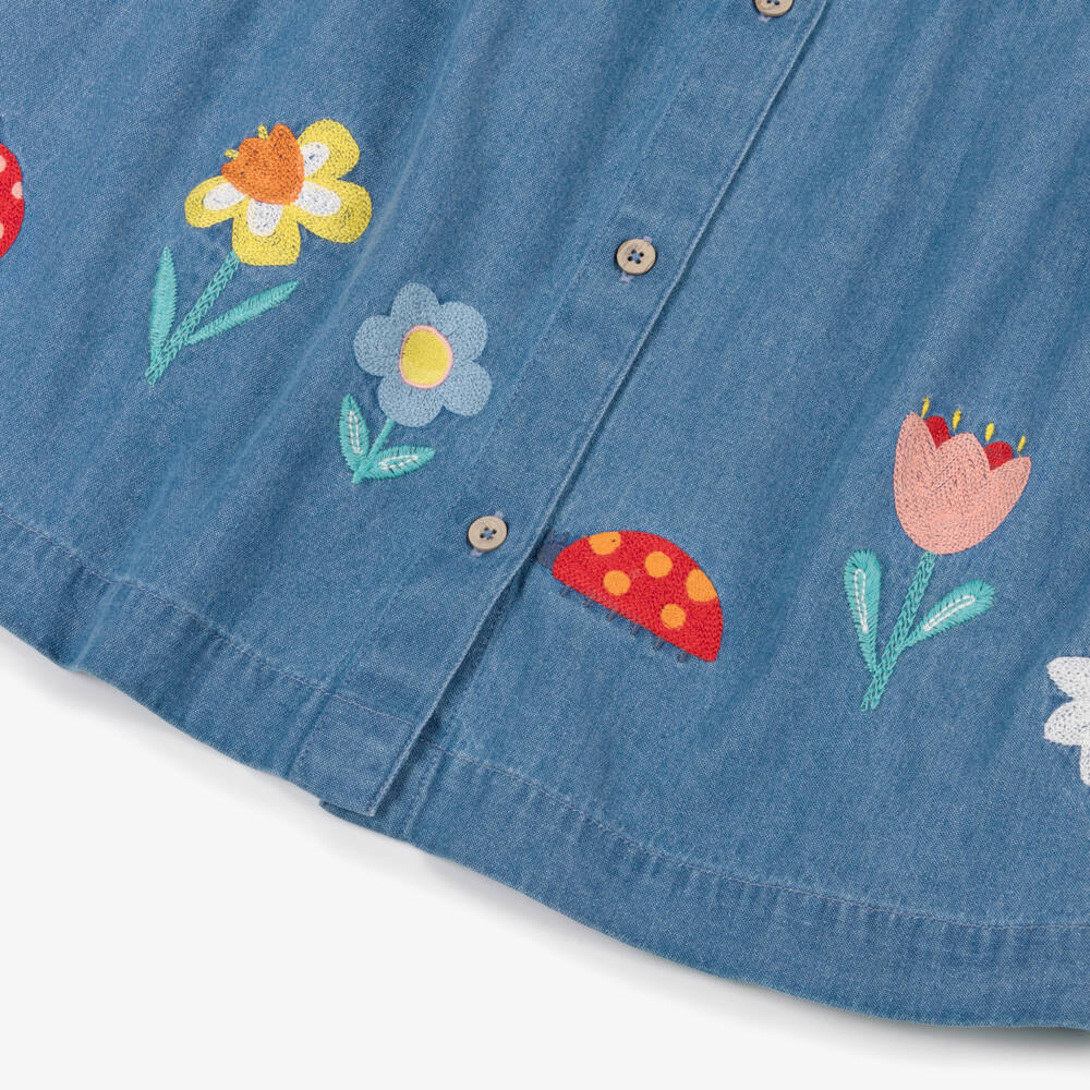 Frugi-Girls Blue Embroidered Organic Cotton Denim Dress | Childrensalon