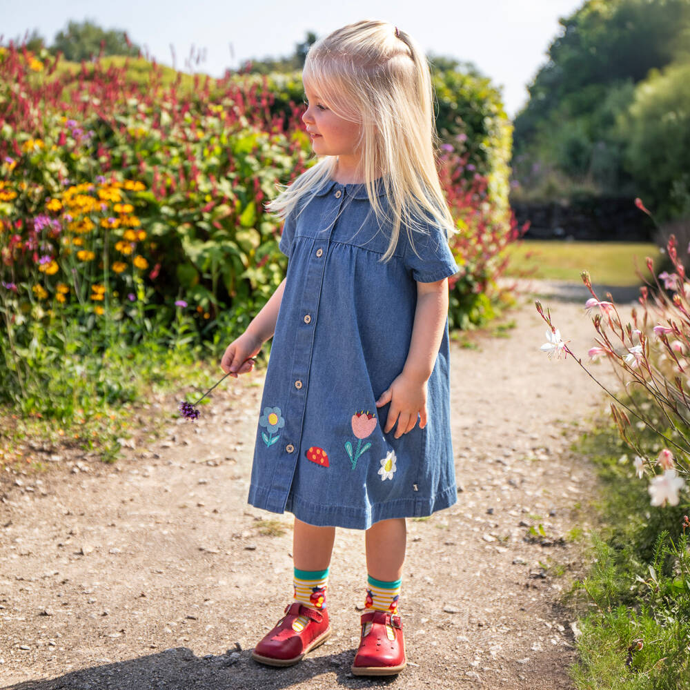 Frugi-Girls Blue Embroidered Organic Cotton Denim Dress | Childrensalon