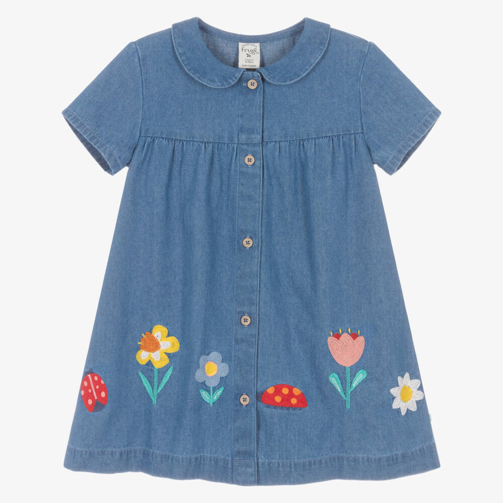 Frugi-Girls Blue Embroidered Organic Cotton Denim Dress | Childrensalon