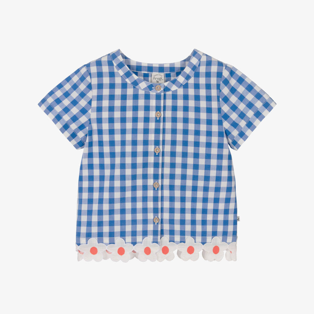 Frugi-Girls Blue Gingham Check Organic Cotton Blouse | Childrensalon