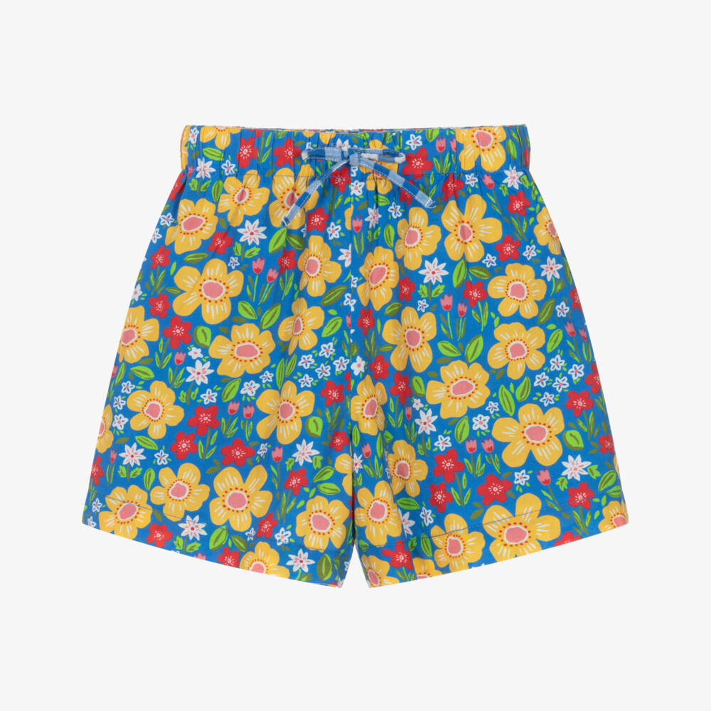 Frugi-Girls Blue Gingham & Floral Reversable Organic Cotton Shorts | Childrensalon
