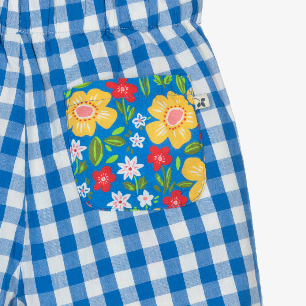 Frugi-Girls Blue Gingham & Floral Reversable Organic Cotton Shorts | Childrensalon