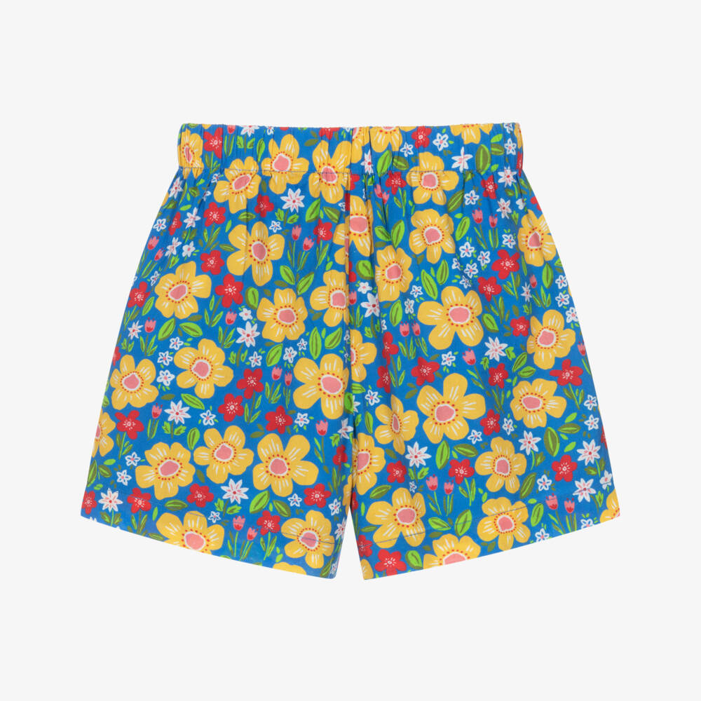 Frugi-Girls Blue Gingham & Floral Reversable Organic Cotton Shorts | Childrensalon