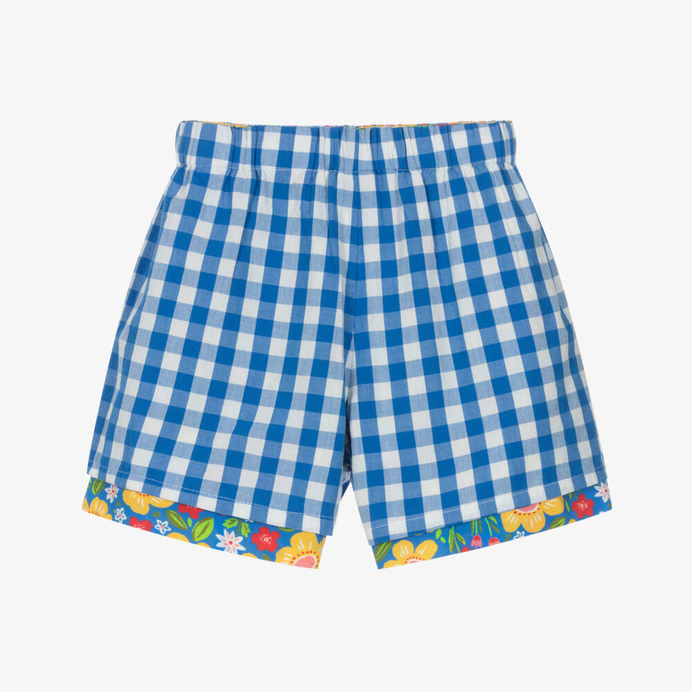 Frugi-Girls Blue Gingham & Floral Reversable Organic Cotton Shorts | Childrensalon