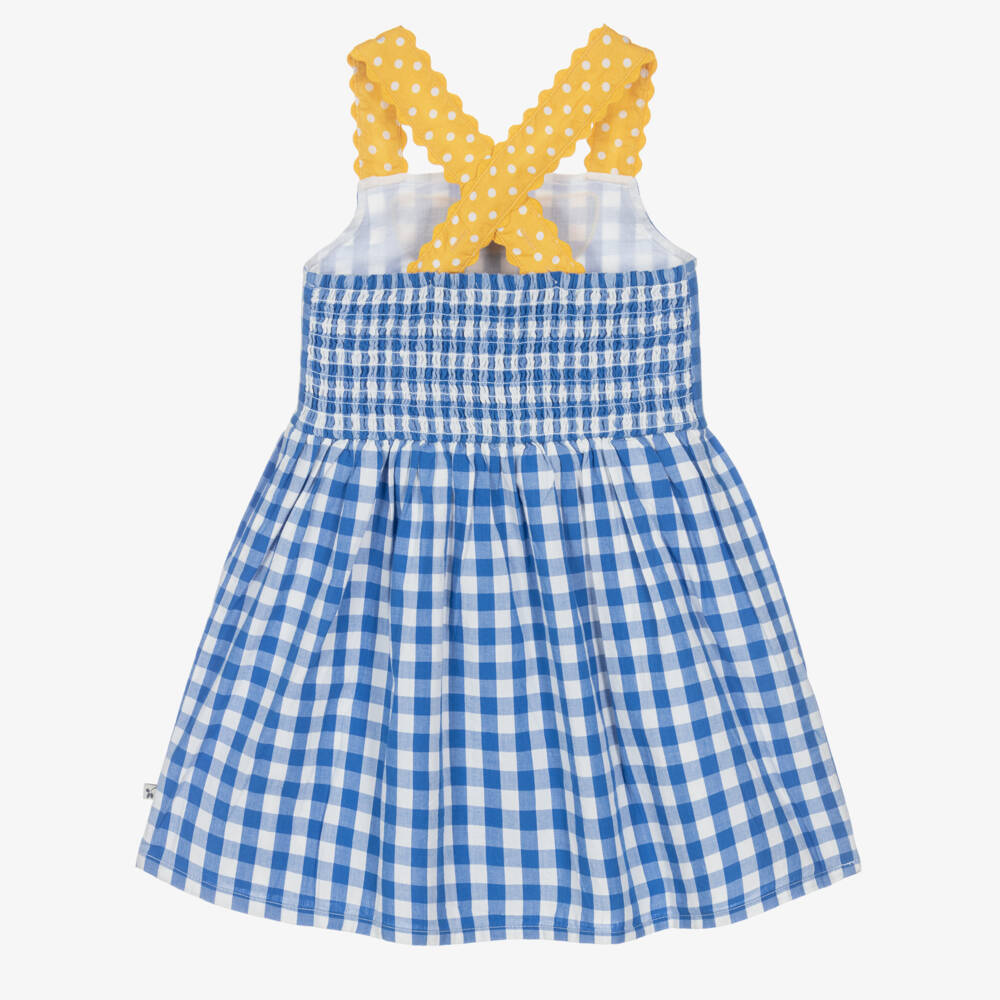 Frugi-Girls Blue Gingham Organic Cotton Dress with Daisy Appliqué | Childrensalon