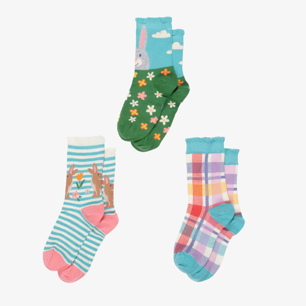 Frugi-Girls Blue & Green Cotton Ankle Socks (3 Pack) | Childrensalon