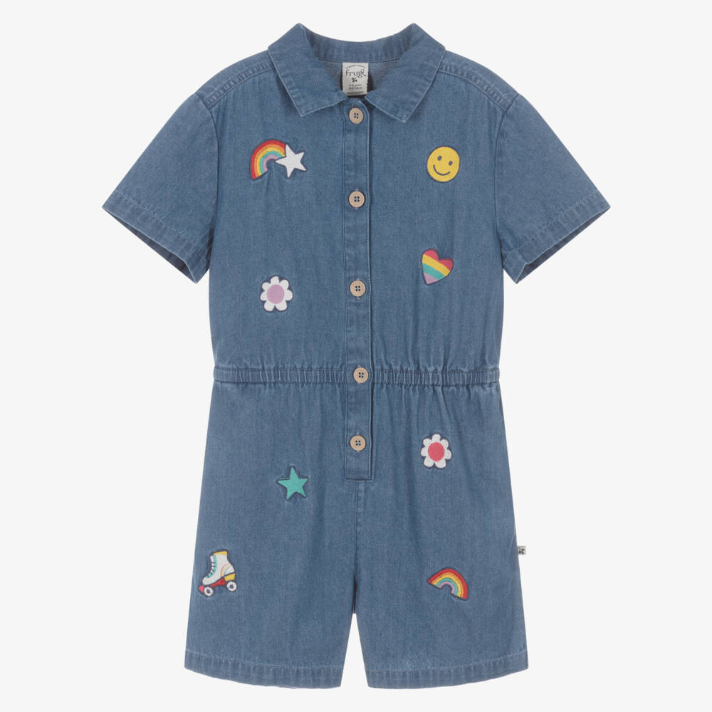 Frugi-Girls Blue Organic Cotton Denim Playsuit | Childrensalon