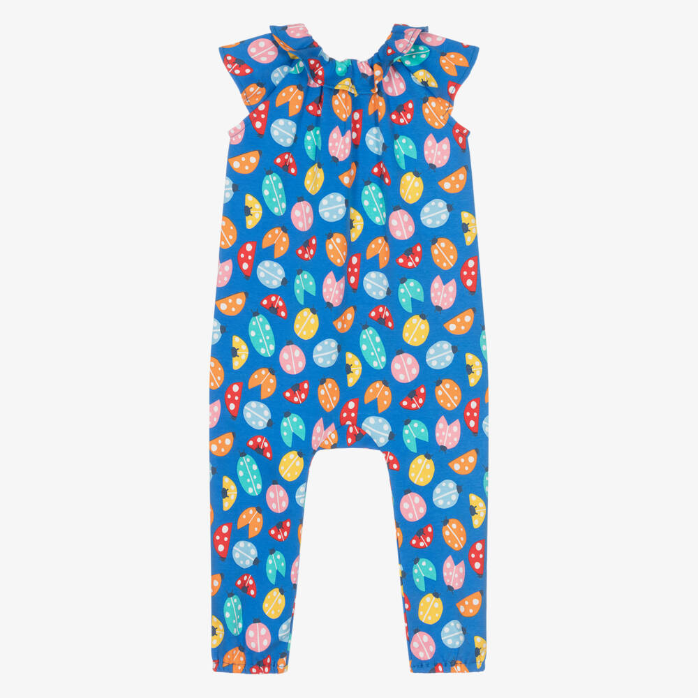 Frugi-Girls Blue Organic Cotton Jumpsuit with Ladybird Print | Childrensalon