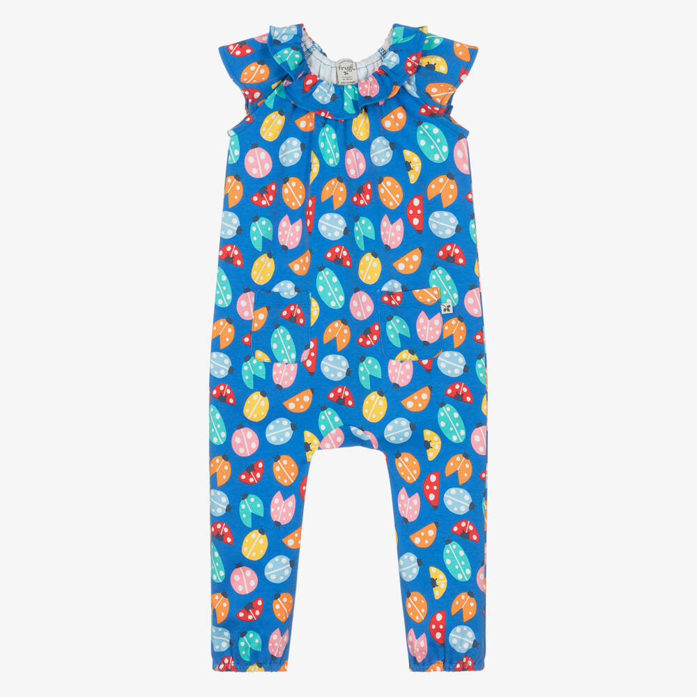 Frugi-Girls Blue Organic Cotton Jumpsuit with Ladybird Print | Childrensalon