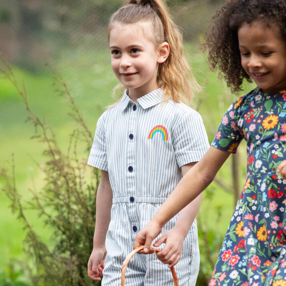 Frugi-Girls Blue & White Stripe Cotton Playsuit | Childrensalon