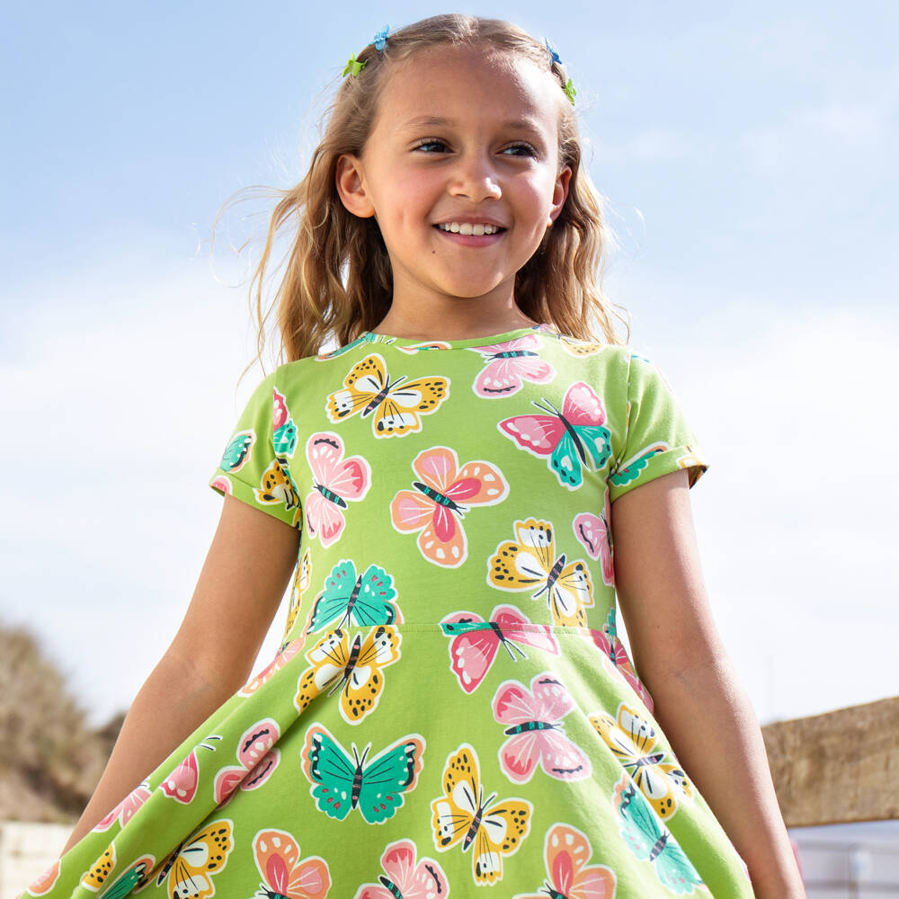 Frugi-Girls Green Butterfly Print Organic Cotton Jersey Dress | Childrensalon
