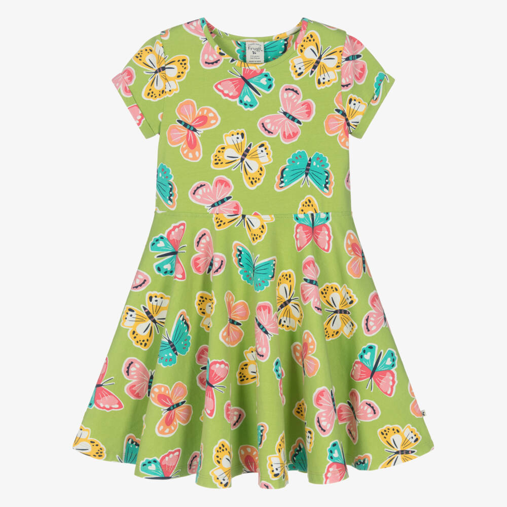 Frugi-Girls Green Butterfly Print Organic Cotton Jersey Dress | Childrensalon