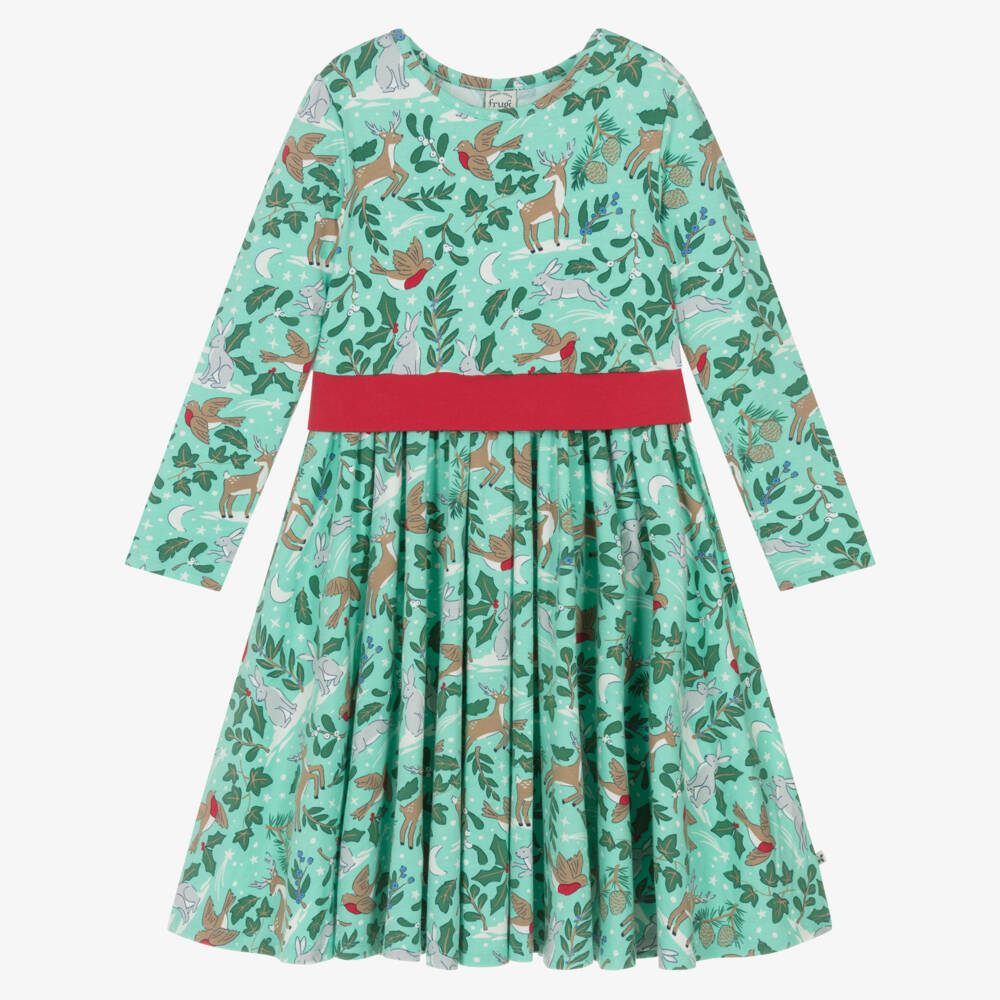Frugi-Girls Green Organic Cotton Festive Skater Dress | Childrensalon
