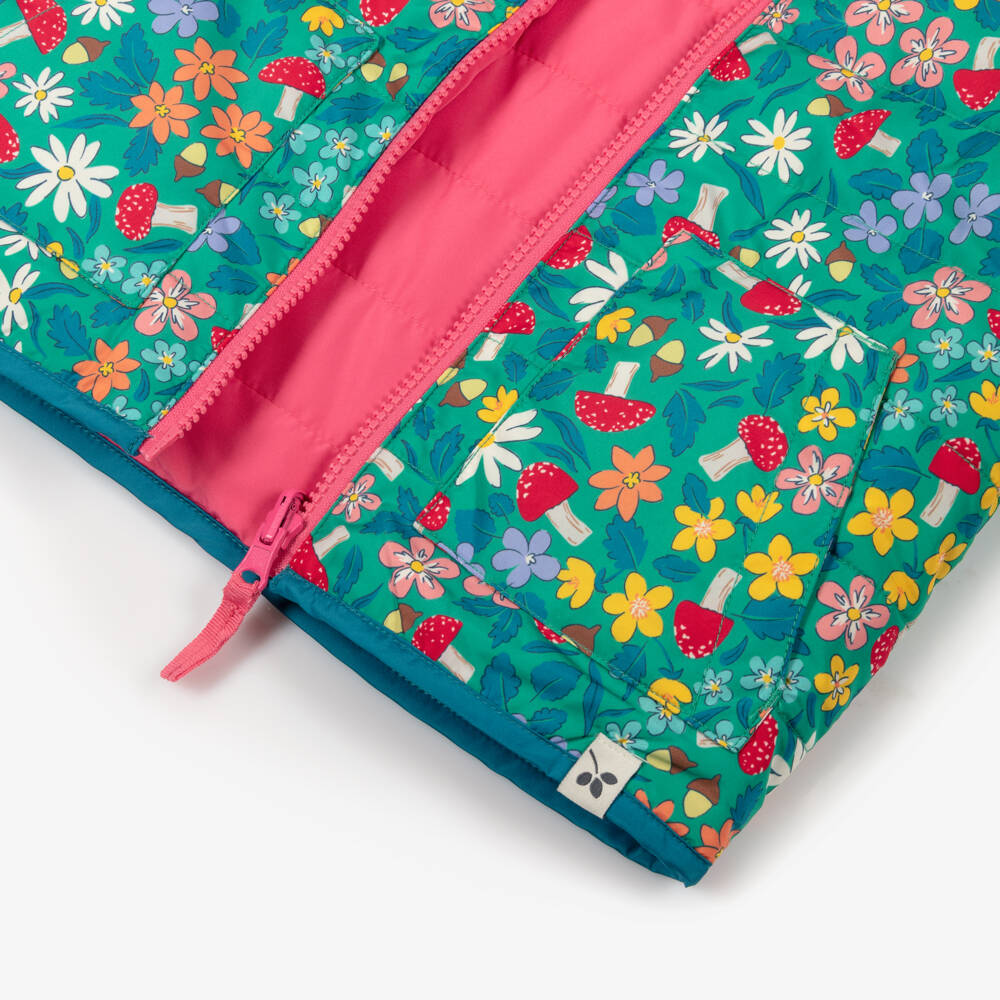 Frugi-Girls Green & Pink Woodland Floral Reversible Jacket | Childrensalon