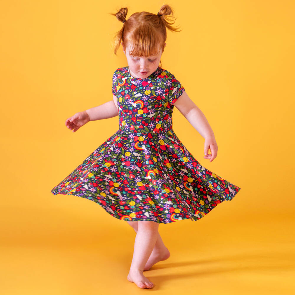 Frugi-Girls Navy Blue Floral Print Organic Cotton Jersey Dress | Childrensalon