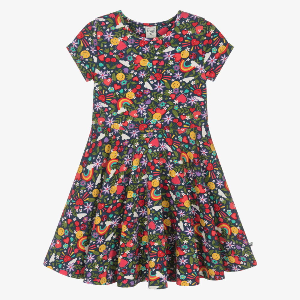 Frugi-Girls Navy Blue Floral Print Organic Cotton Jersey Dress | Childrensalon