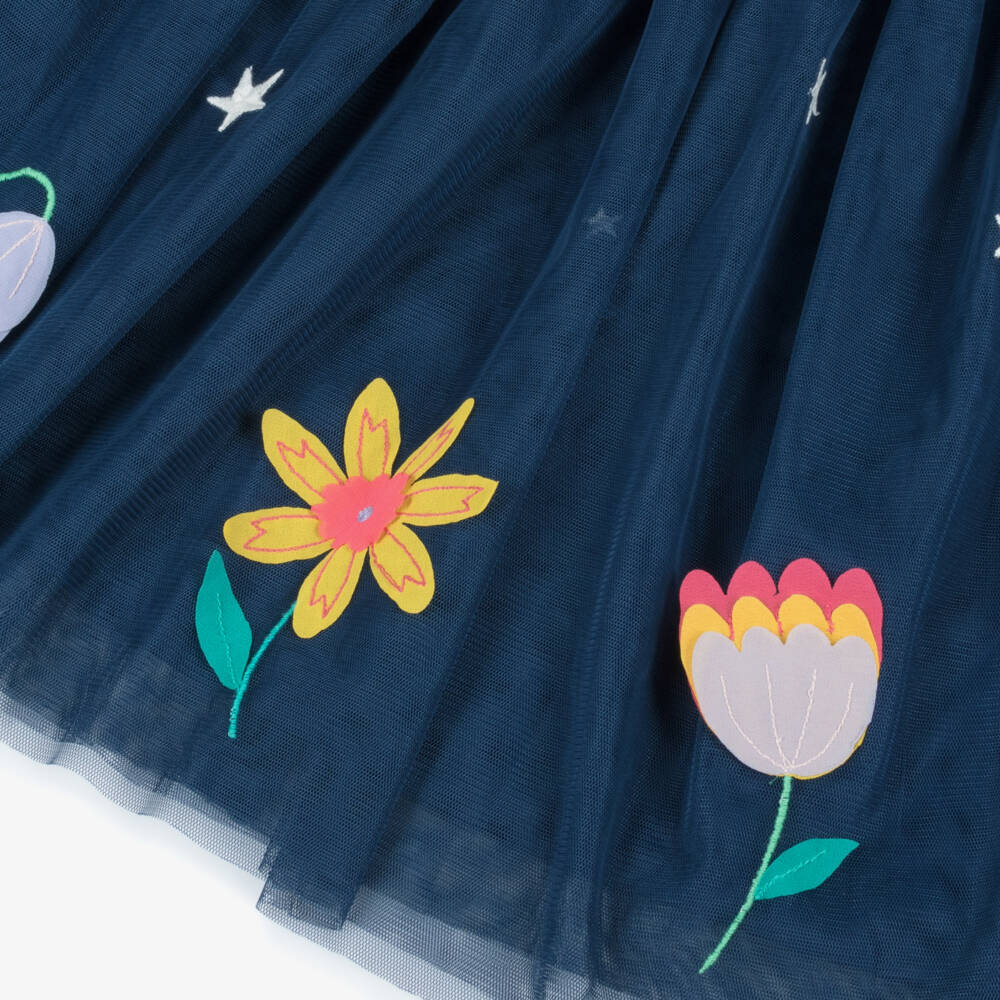 Frugi-Girls Navy Blue Star & Floral Appliqué Tulle Dress | Childrensalon